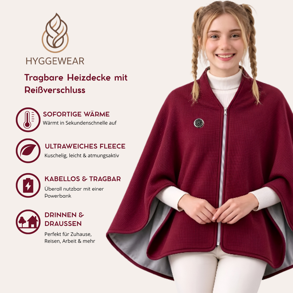 Hyggewear™ Tragbare Heizdecke mit Reißverschluss