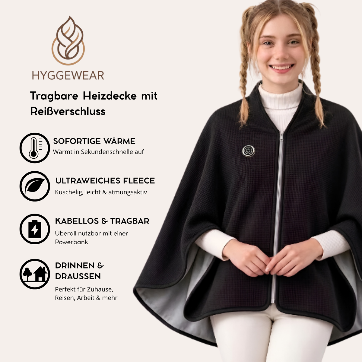 Hyggewear™ Tragbare Heizdecke mit Reißverschluss