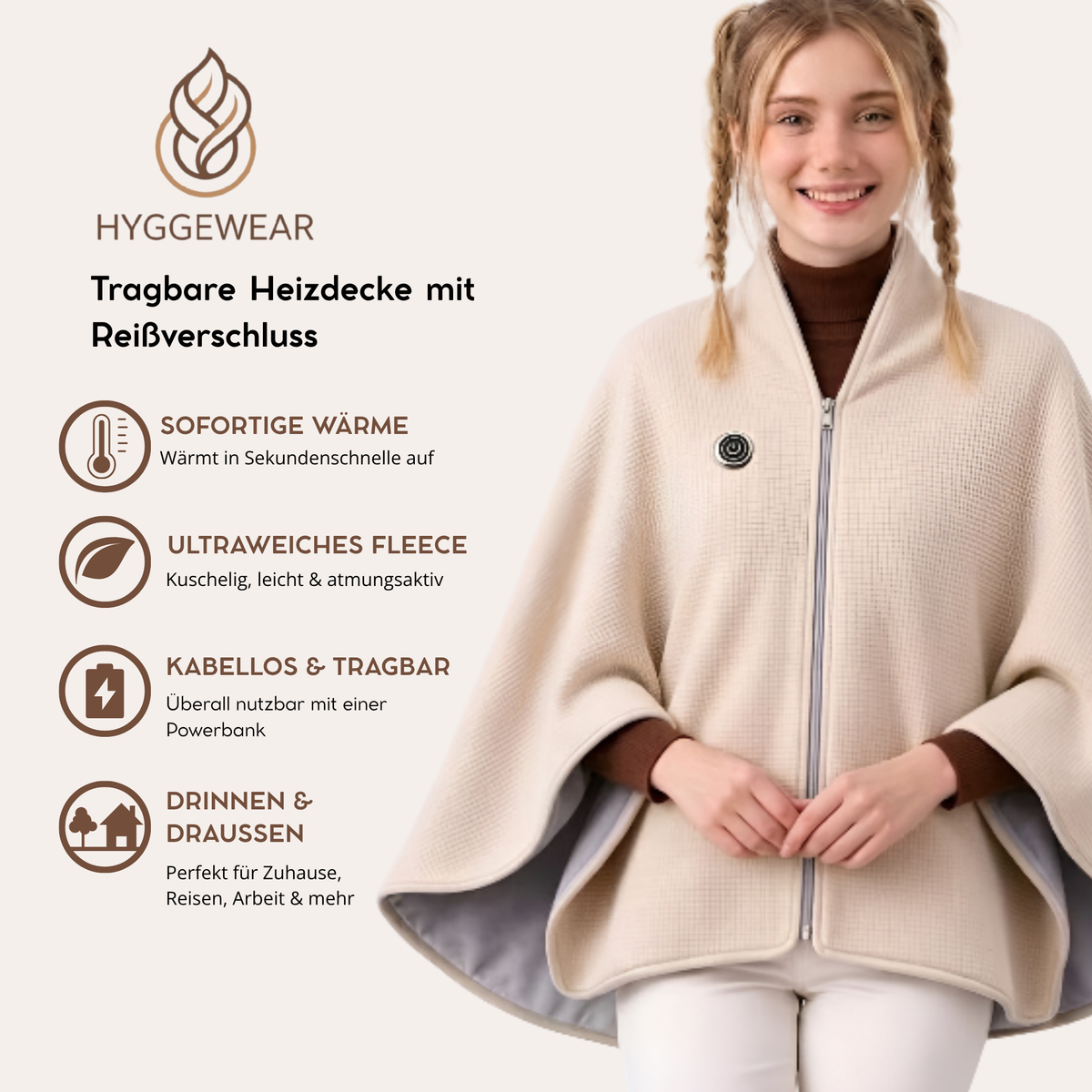 Hyggewear™ Tragbare Heizdecke mit Reißverschluss